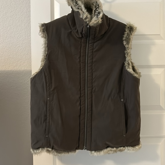 Weatherproof reversible faux fur and brown SZ L high funnel neck puffy gorpcore - Picture 13 of 16